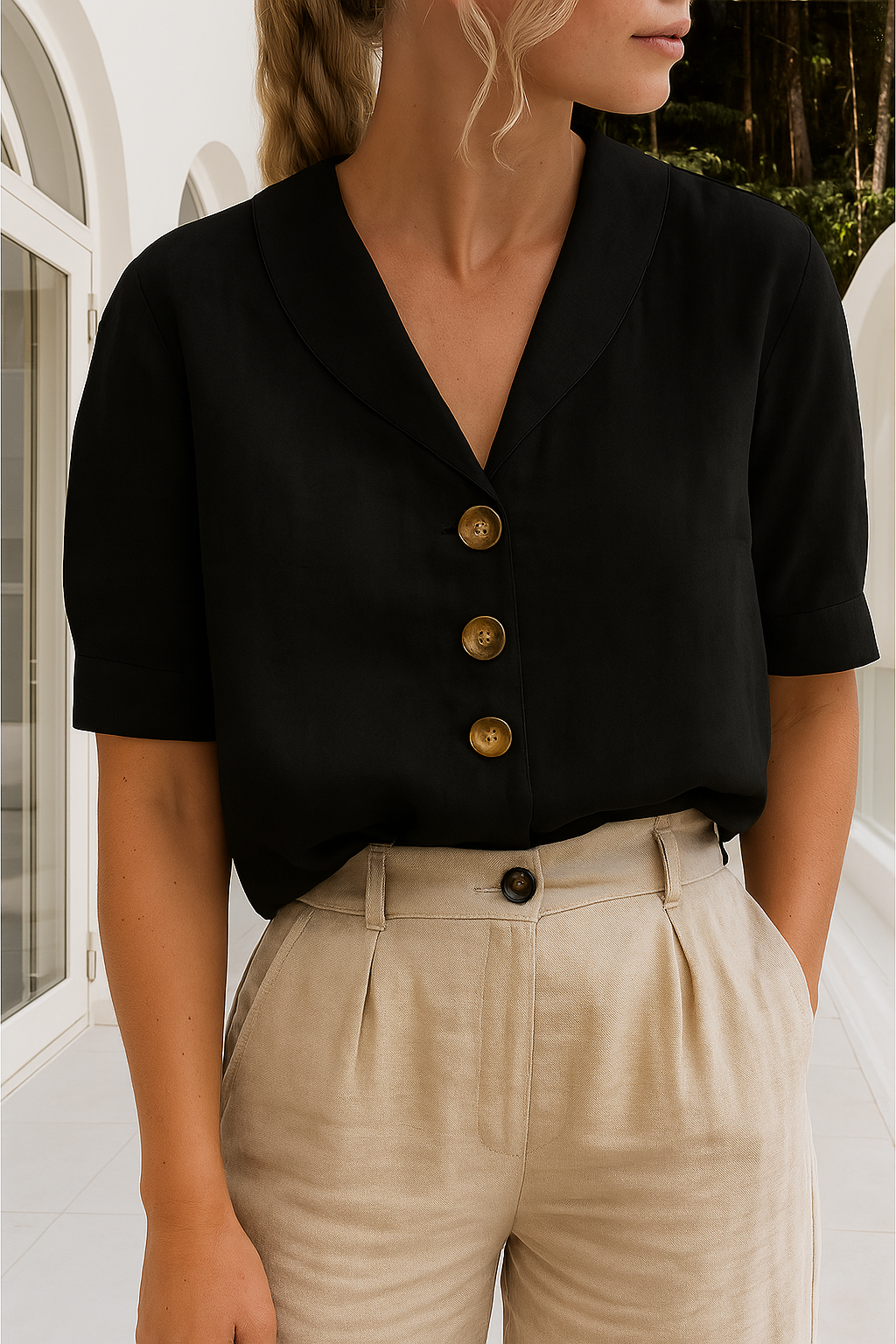Claire | Damska letnia bluzka koszulowa z listwą guzikową i luźnym krojem foto 5