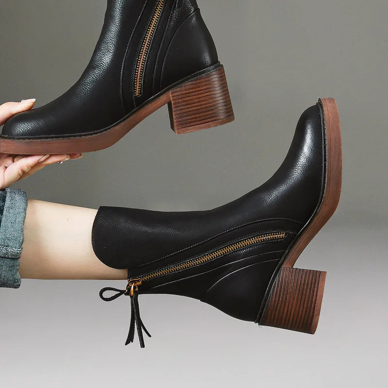 Black Leather Ankle Boots for Women in Black