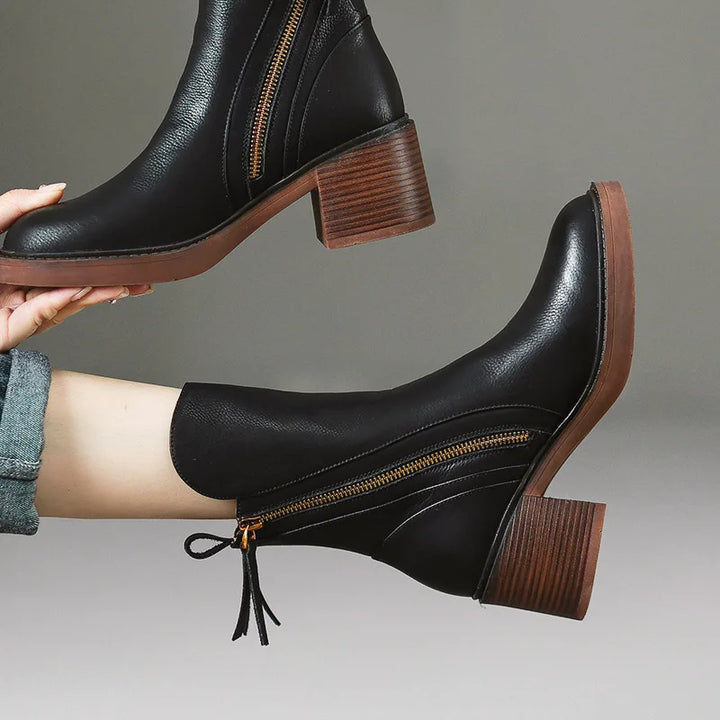 Black Leather Ankle Boots for Women in Black