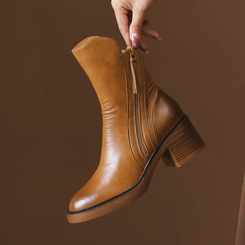Black Leather Ankle Boots for Women in Brown