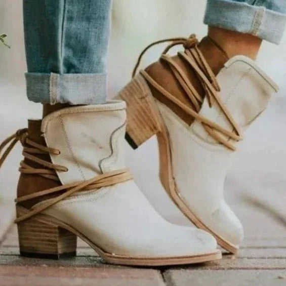 Brown Leather Ankle Boots for Women in Beige