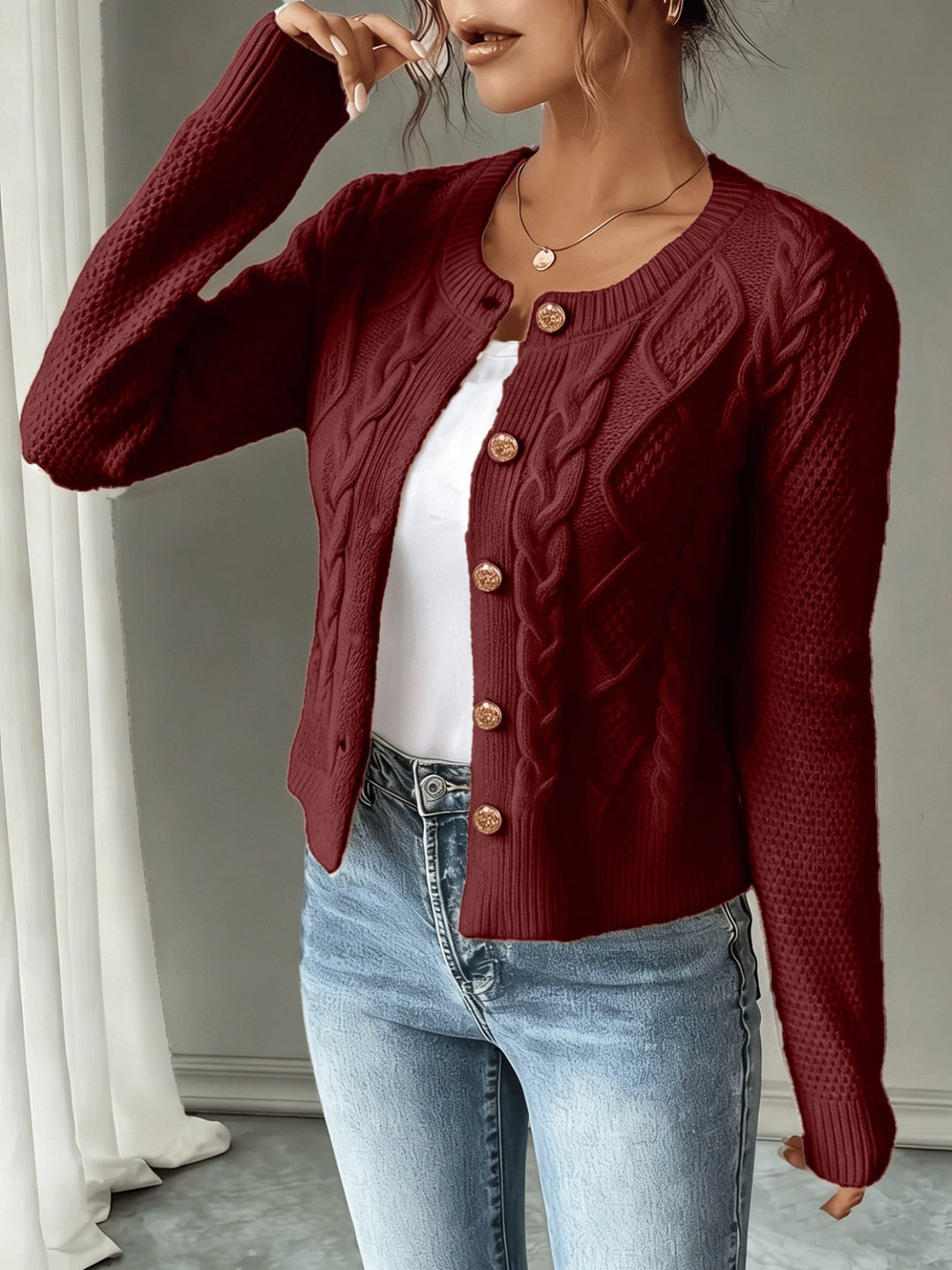 Cable-Knit Button-Front Cardigan Cardigan (9)