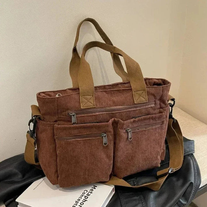 Corduroy Multi-Pocket Tote Bag Crossbody w kolorze Brązowy