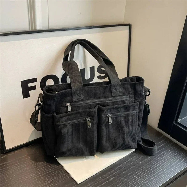 Corduroy Multi-Pocket Tote Bag Crossbody w kolorze Czarny