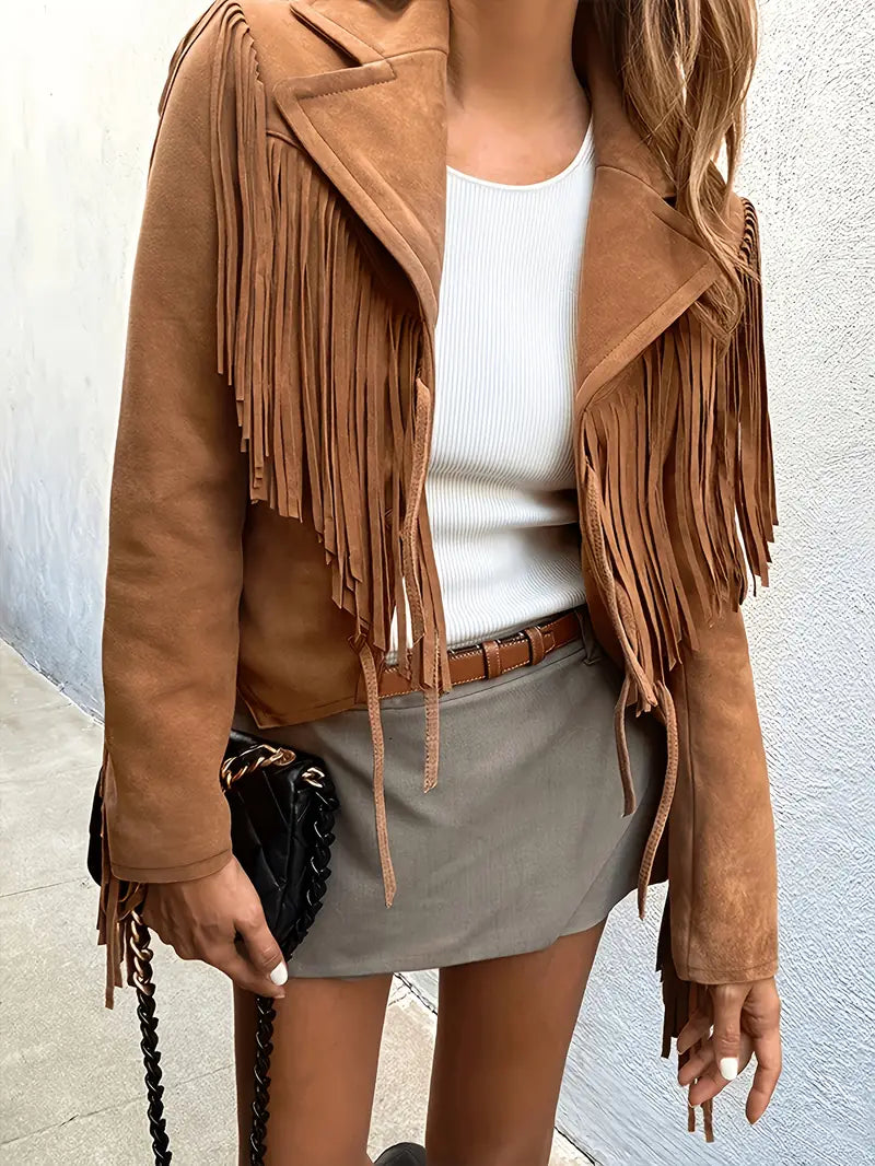 Damen Boho-Chic Jacke aus Kunstwildleder w kolorze Brązowy