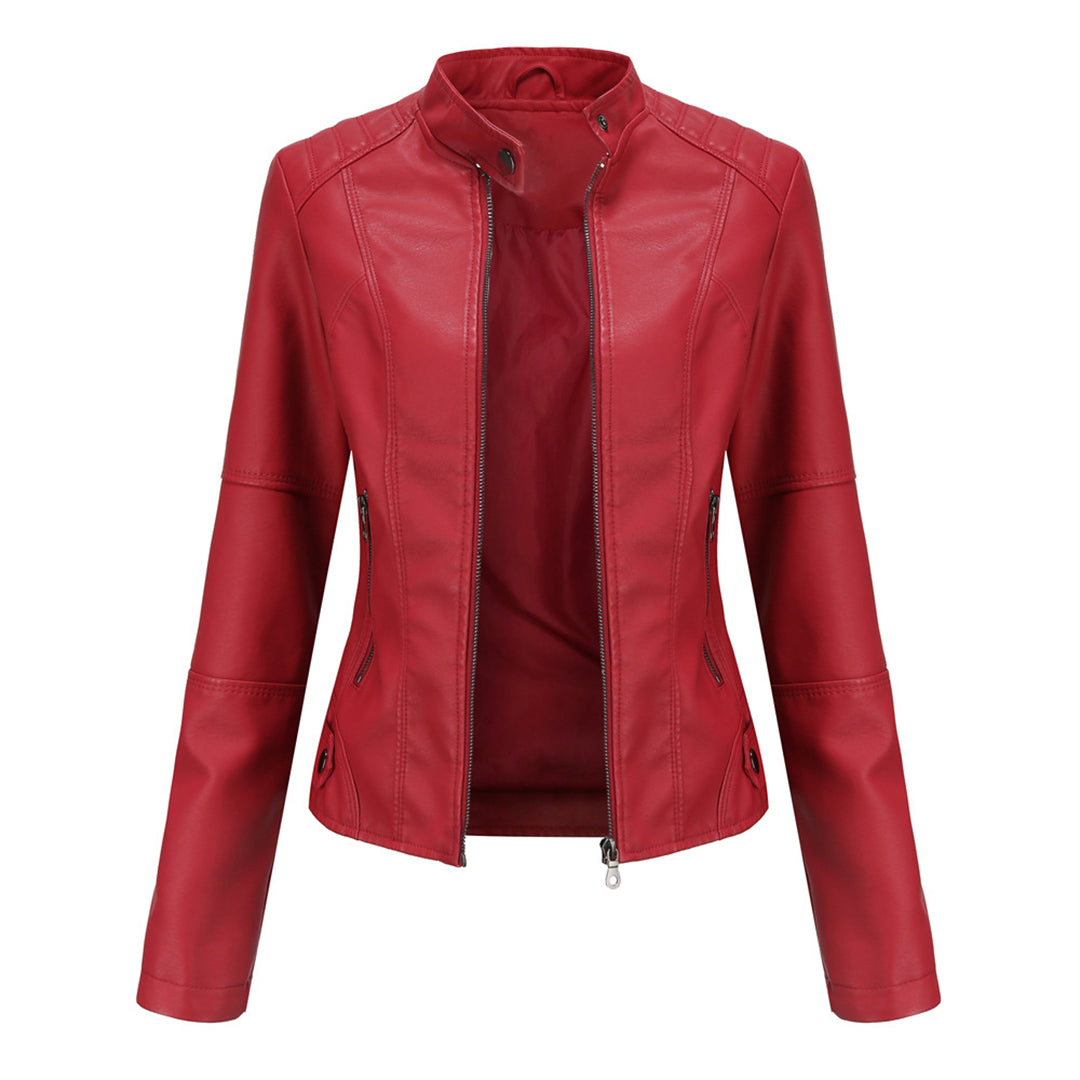 Damen Kunstleder-Bikerjacke mit Reißverschluss Jacket w kolorze Czerwony