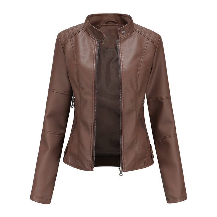 Damen Kunstleder-Bikerjacke mit Reißverschluss Jacket w kolorze Kaffee