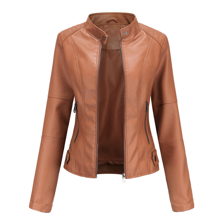 Damen Kunstleder-Bikerjacke mit Reißverschluss Jacket w kolorze Kamel