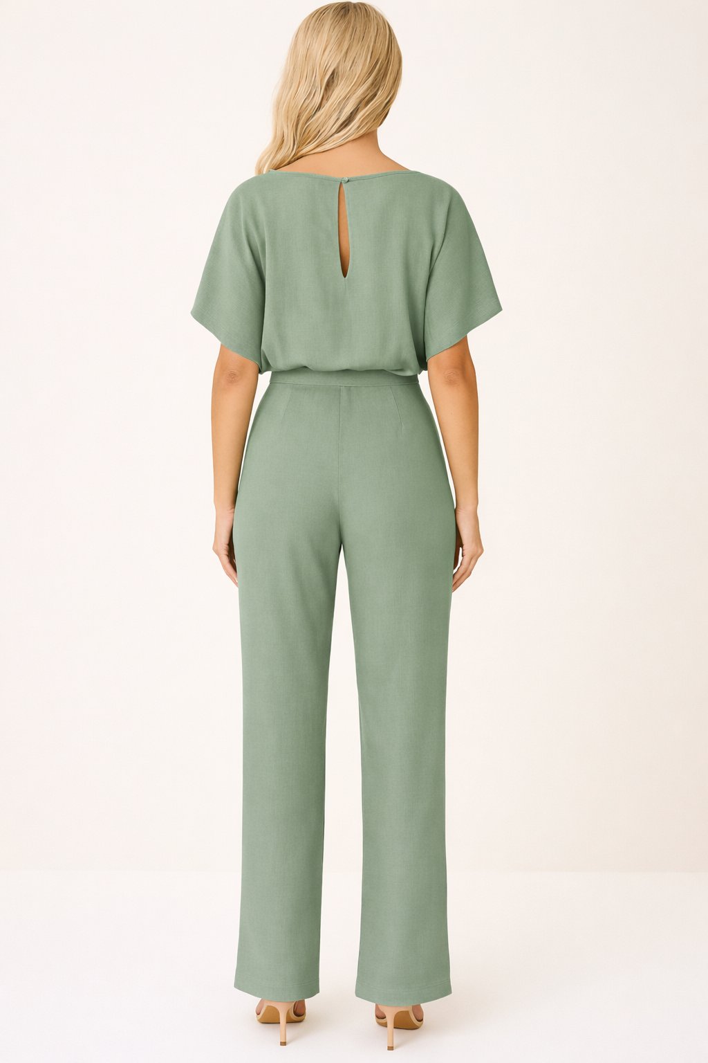 Damen Kurzarm Bindegürtel Weites-Bein Jumpsuit (11)
