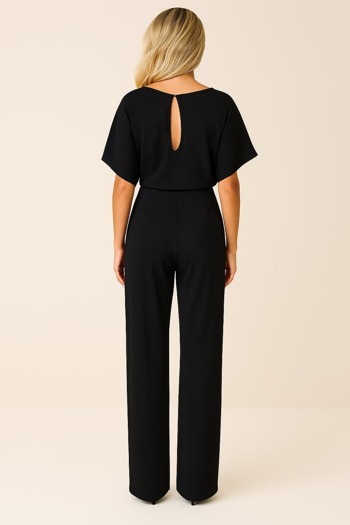 Damen Kurzarm Bindegürtel Weites-Bein Jumpsuit (9)