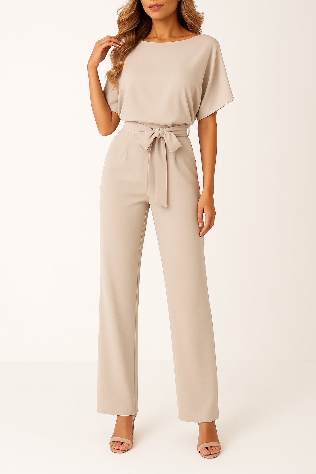 Damen Kurzarm Bindegürtel Weites-Bein Jumpsuit w kolorze Beżowy