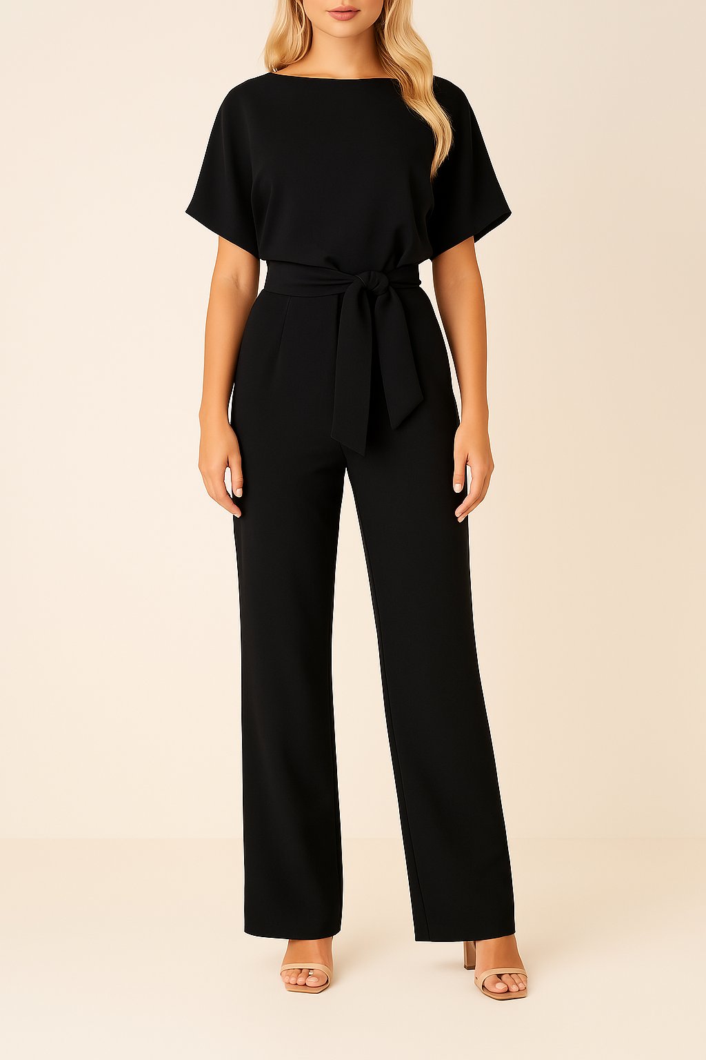 Damen Kurzarm Bindegürtel Weites-Bein Jumpsuit w kolorze Czarny