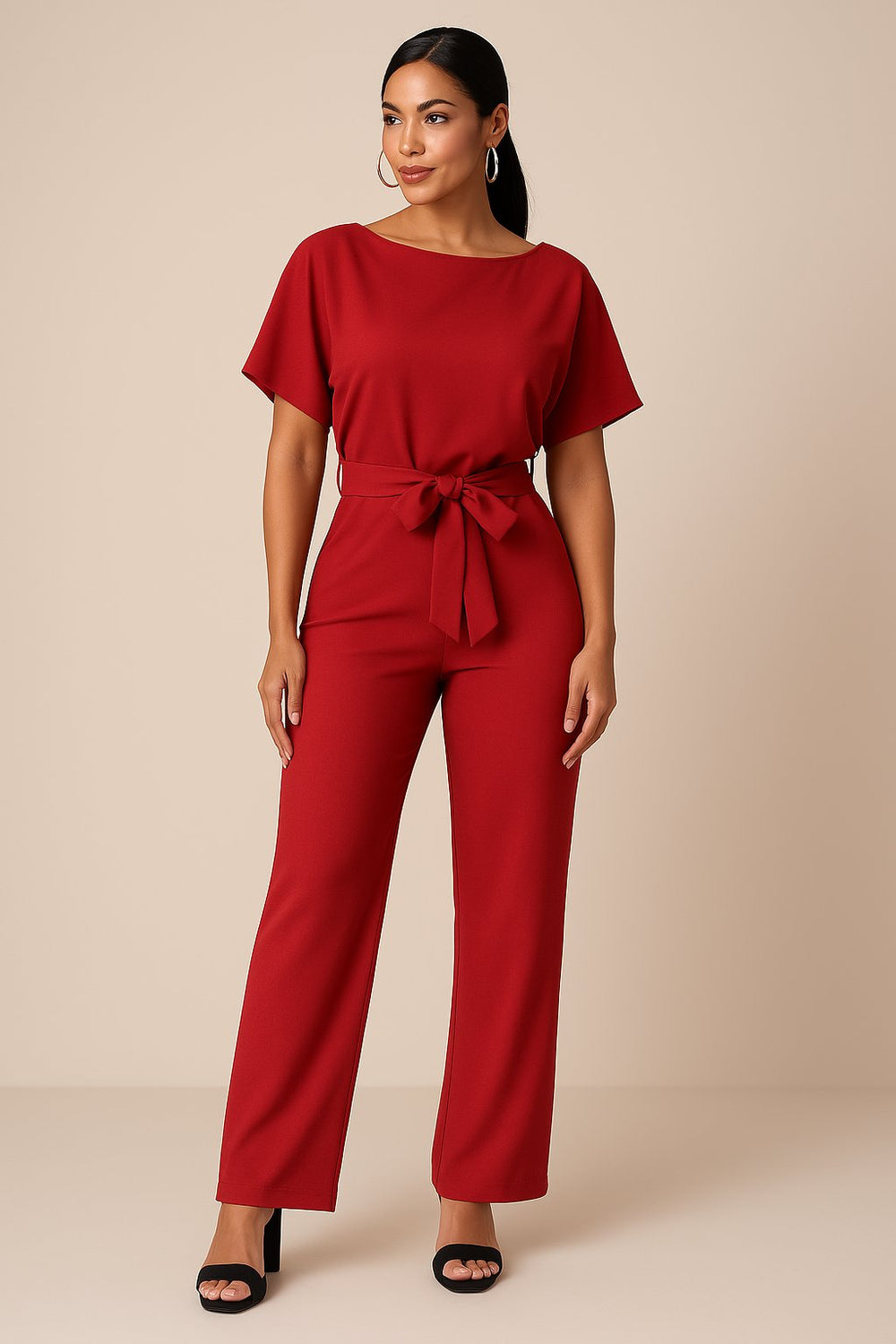 Damen Kurzarm Bindegürtel Weites-Bein Jumpsuit w kolorze Czerwony