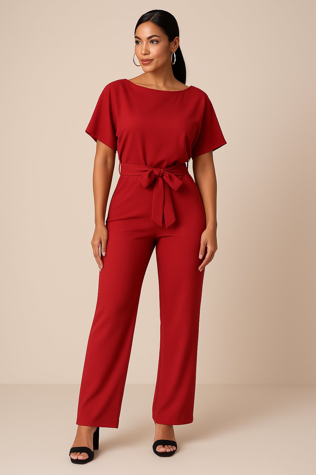 Damen Kurzarm Bindegürtel Weites-Bein Jumpsuit w kolorze Czerwony