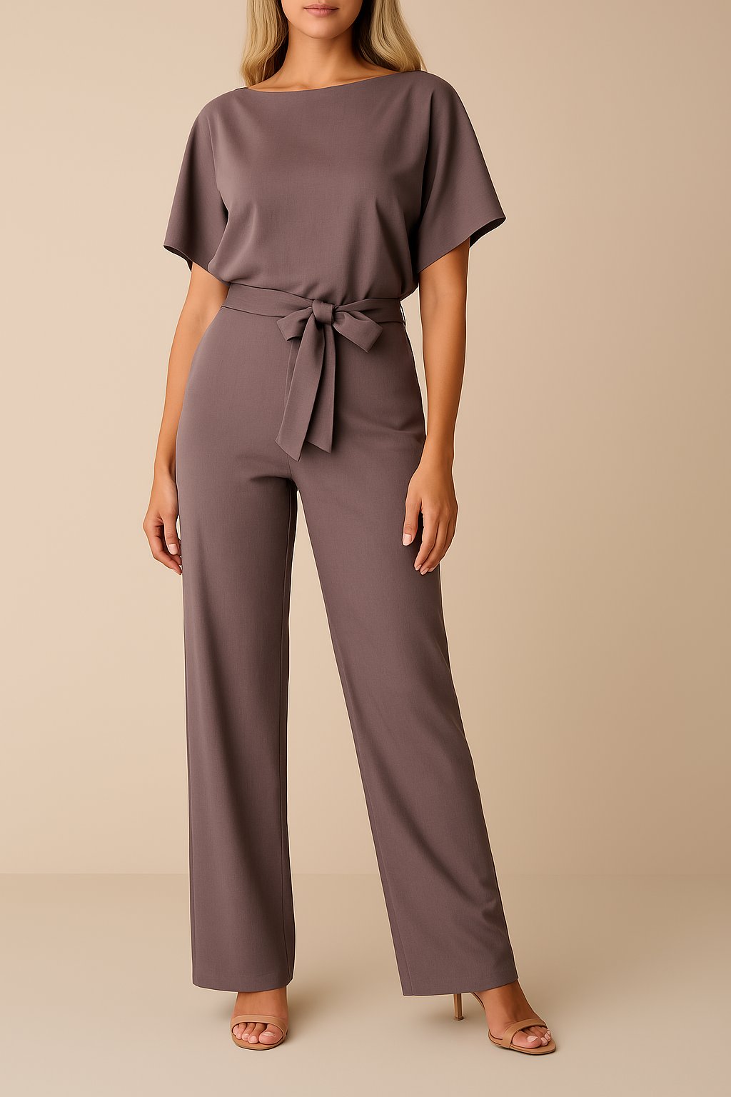 Damen Kurzarm Bindegürtel Weites-Bein Jumpsuit w kolorze Fioletowy