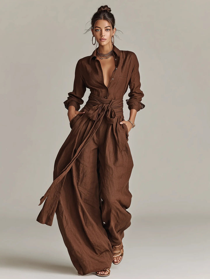 Damen Linen Langarm Hemdkragen Gürtel (3)