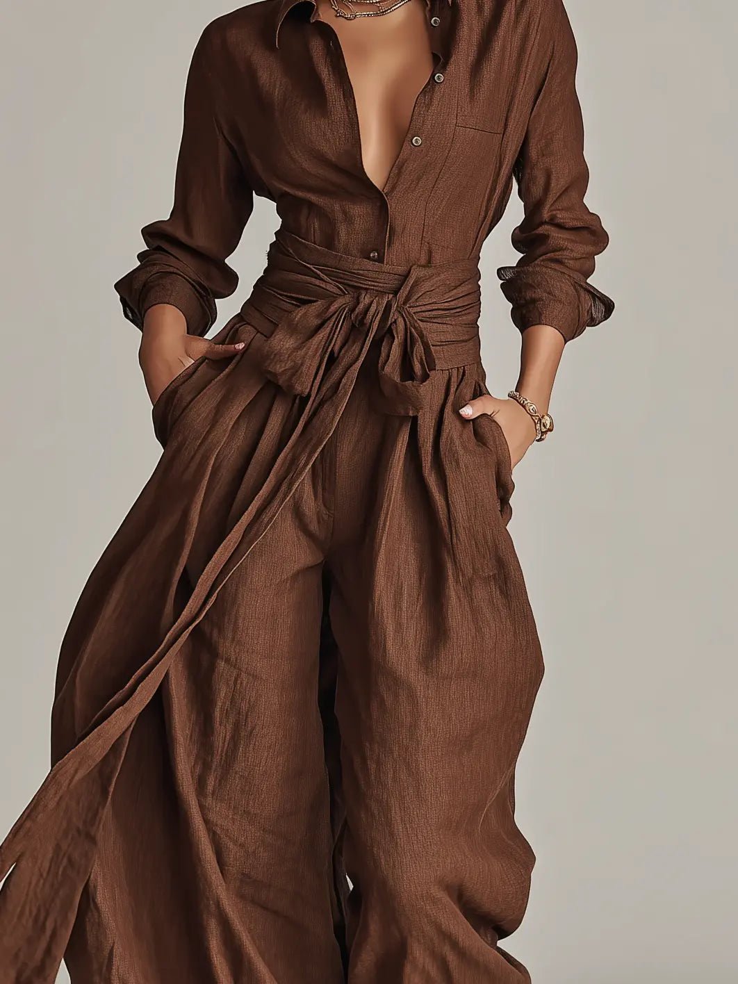 Damen Linen Langarm Hemdkragen Gürtel (7)