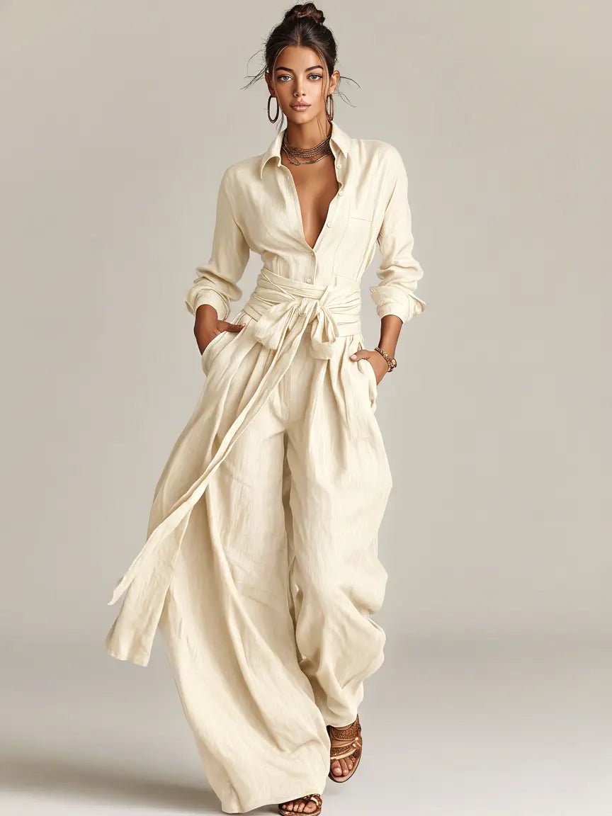 Damen Linen Langarm Hemdkragen Gürtel w kolorze Biały