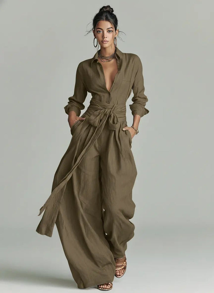 Damen Linen Langarm Hemdkragen Gürtel w kolorze Kaltes Braun