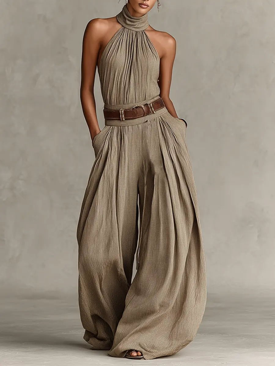 Damen Neckholder Weites Bein Jumpsuit w kolorze Brązowy