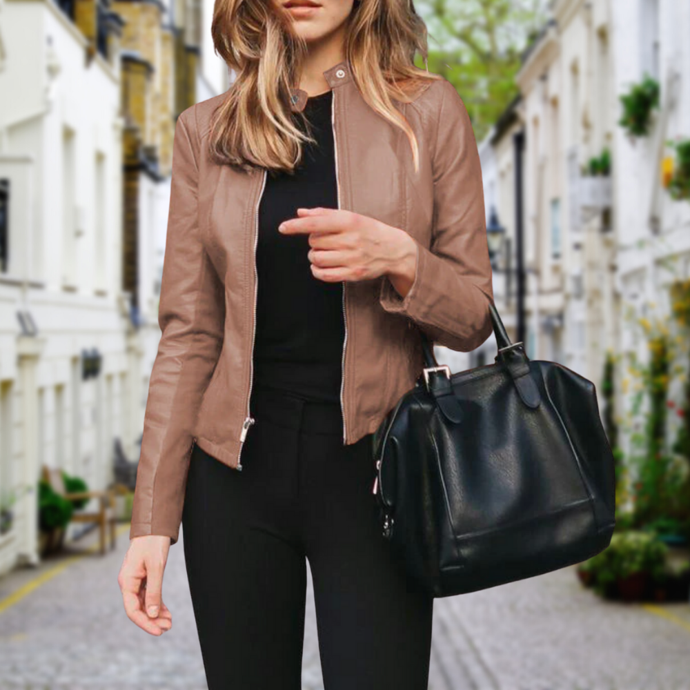 Damen Stylische Bikerjacke mit Reißverschluss w kolorze Beżowy