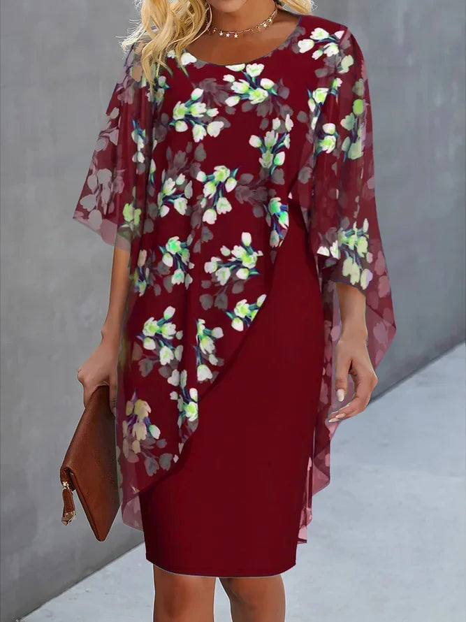 Damenkleid mit Chiffoncape und Blumenmuster für w kolorze Bordowy