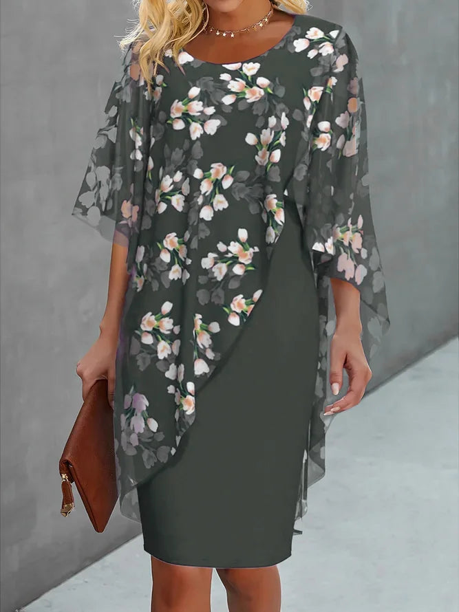 Damenkleid mit Chiffoncape und Blumenmuster für w kolorze Oliv
