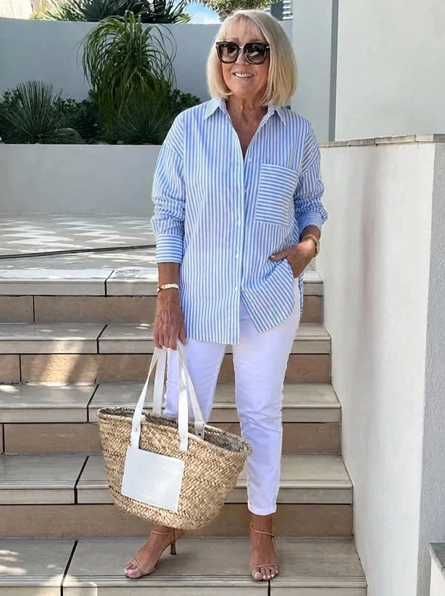 Damska elegancka lniana koszula w paski w kolorze Marineblau (Fast ausverkauft)