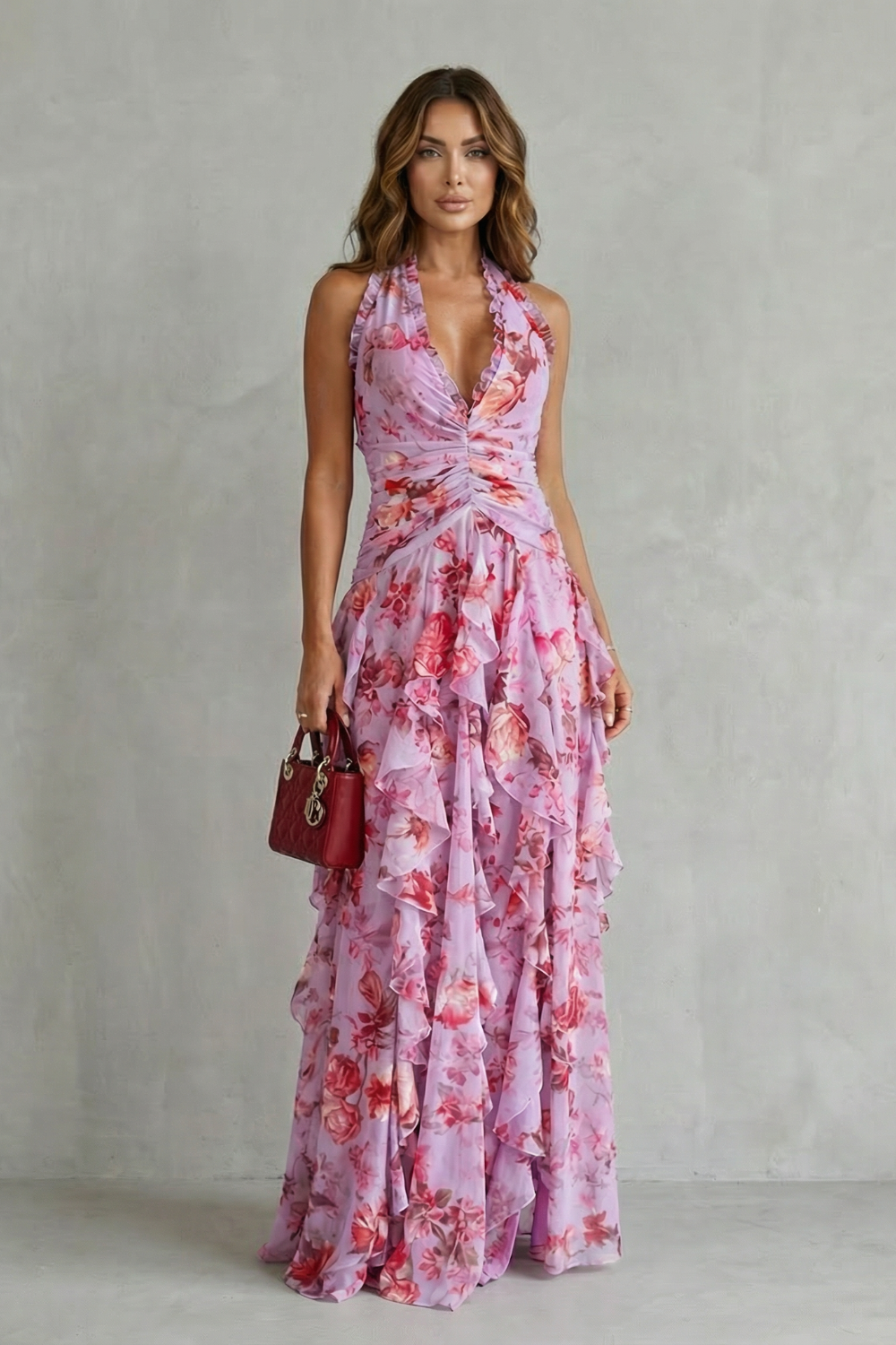 Damska sukienka halter maxi z falbankami (2)