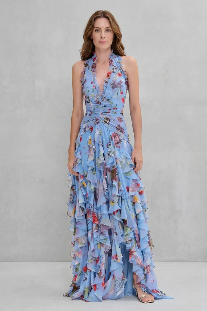 Damska sukienka halter maxi z falbankami (6)
