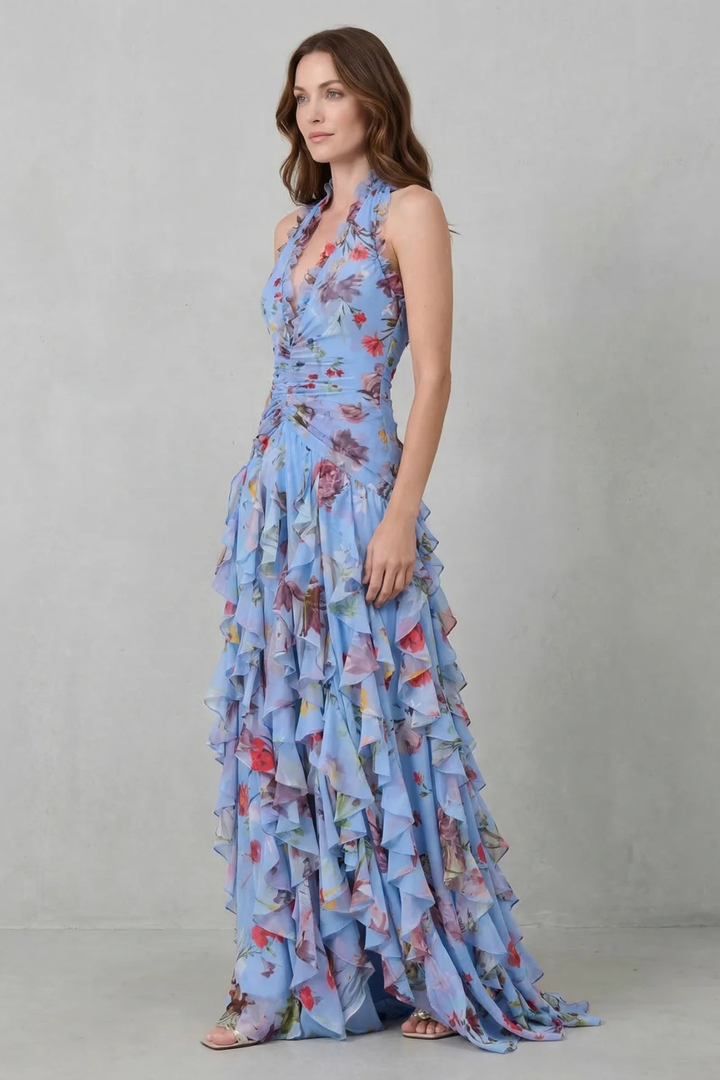 Damska sukienka halter maxi z falbankami (7)