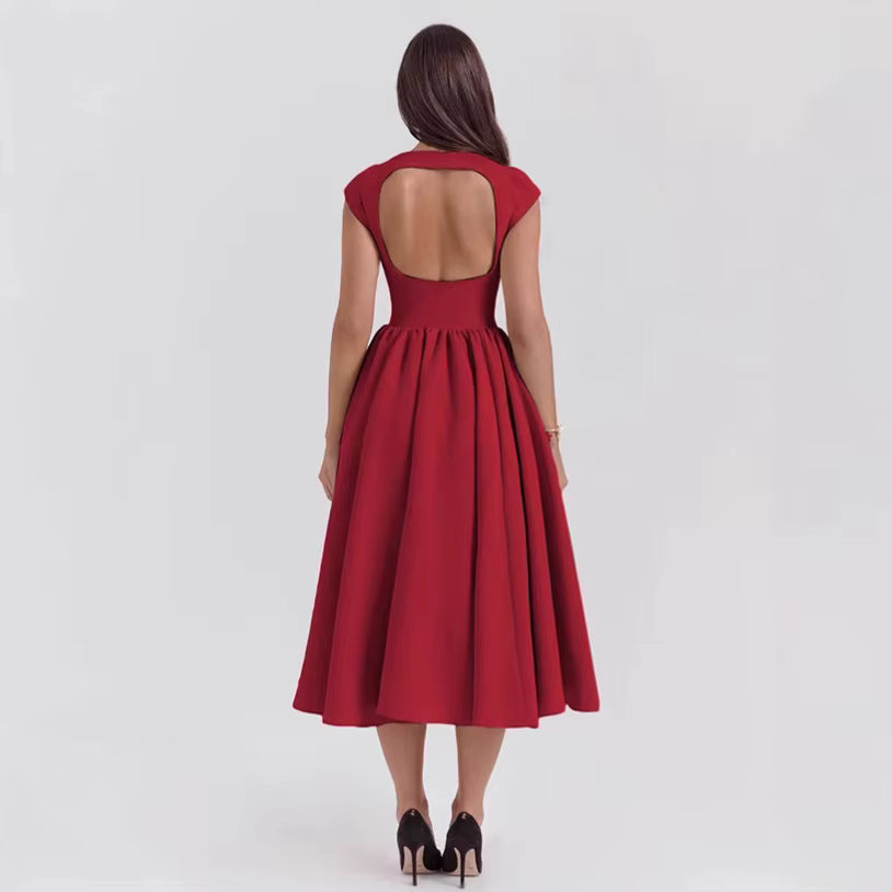 Damska sukienka midi na wesele z eleganckimi karczkami i strukturalnym krojem (7)