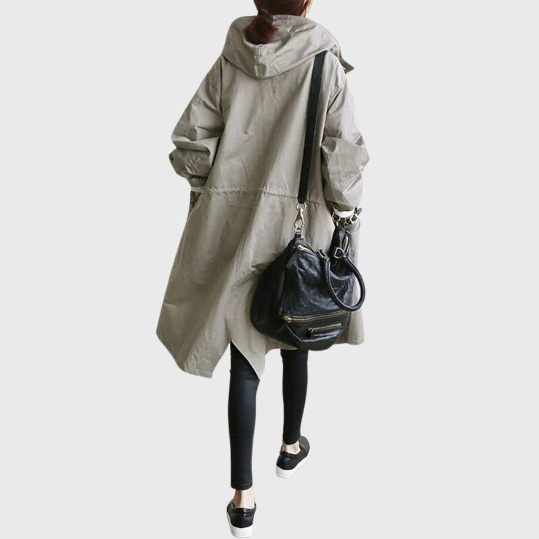 Damski elegancki trenchcoat midi z kapturem (8)