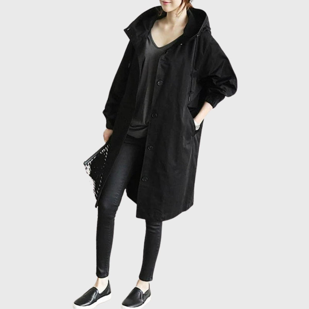 Damski elegancki trenchcoat midi z kapturem w kolorze Czarny