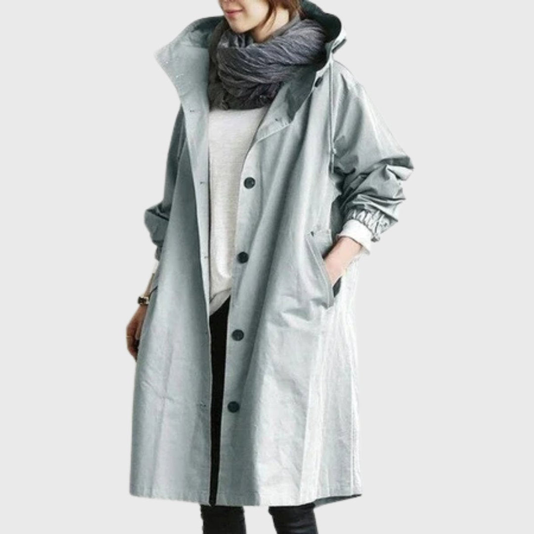 Damski elegancki trenchcoat midi z kapturem w kolorze Jasny Niebieski