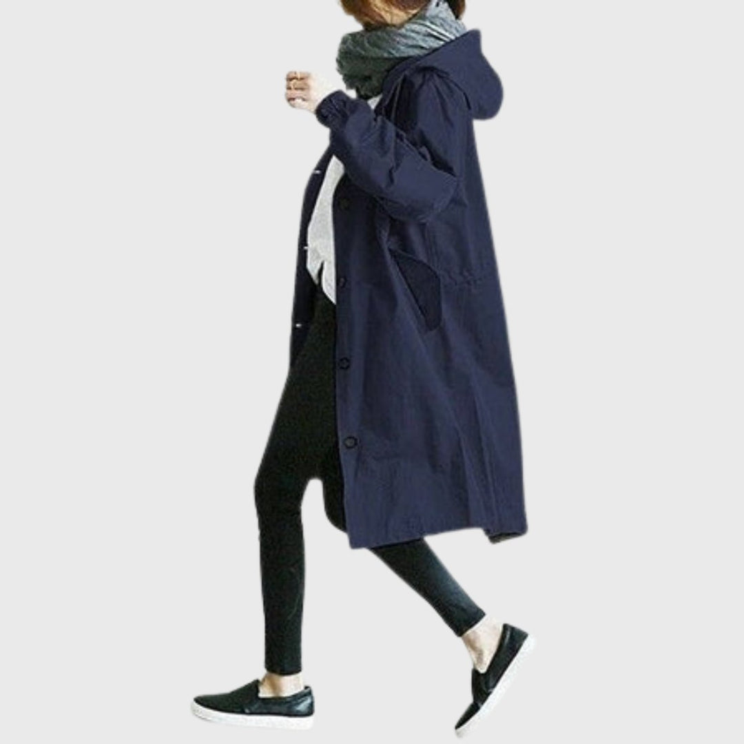 Damski elegancki trenchcoat midi z kapturem w kolorze Niebieski