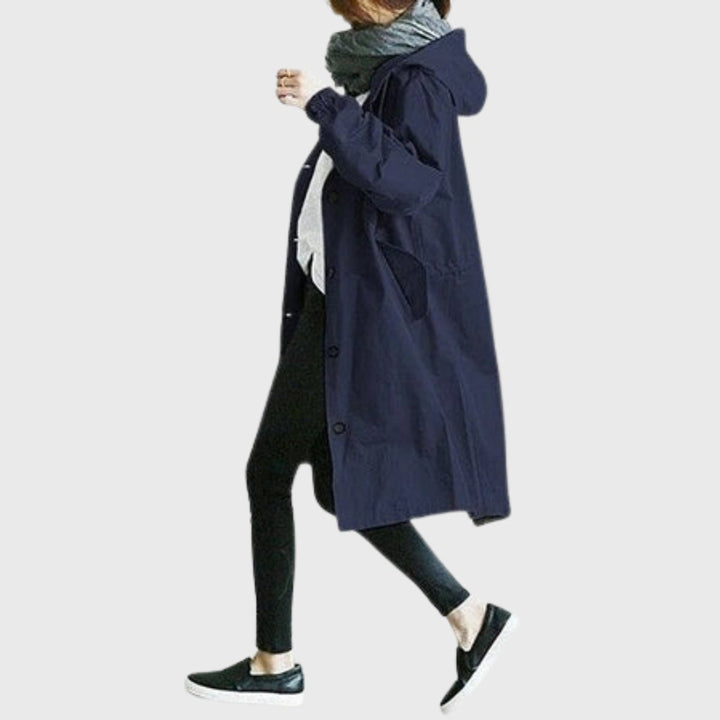 Damski elegancki trenchcoat midi z kapturem w kolorze Niebieski