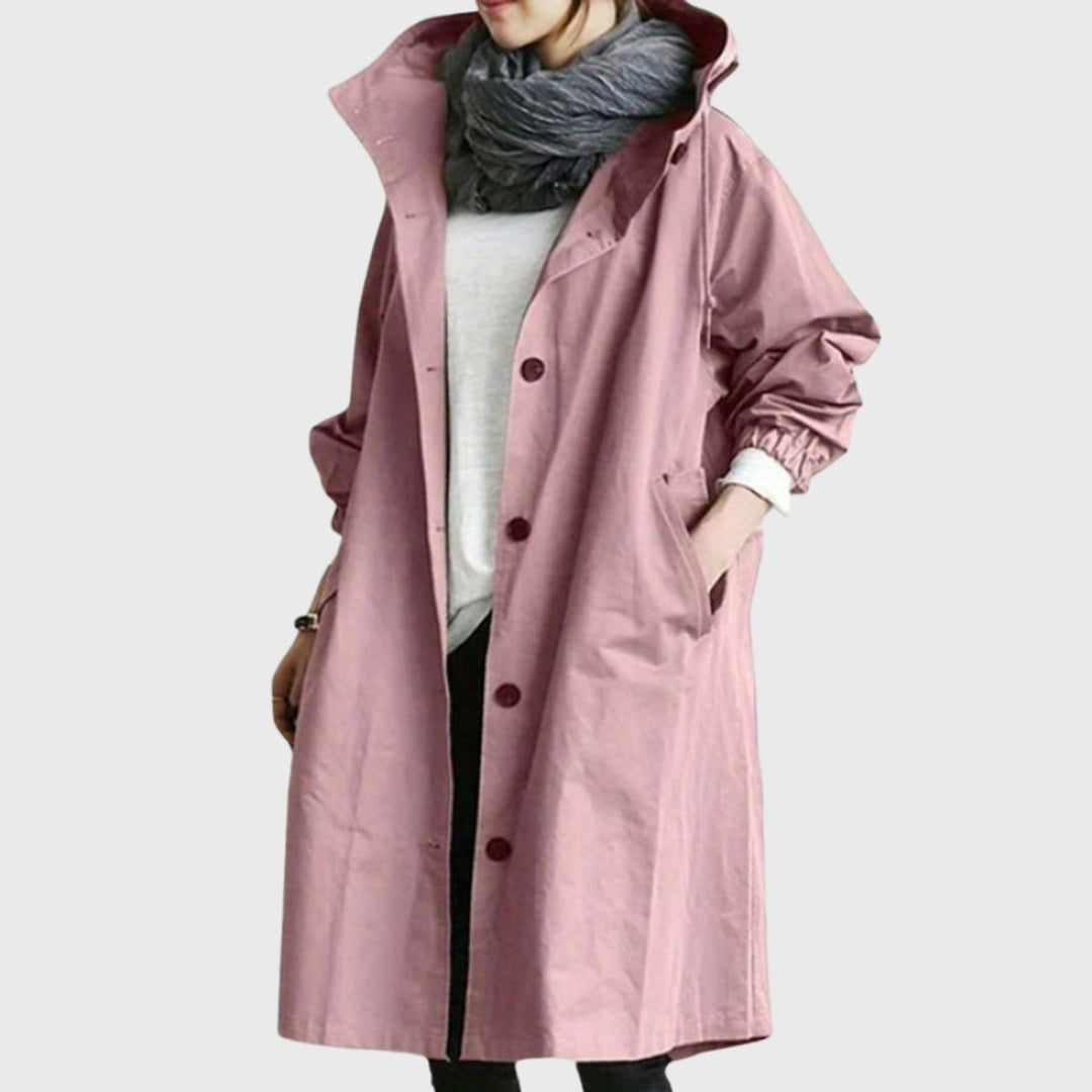 Damski elegancki trenchcoat midi z kapturem w kolorze Różowy