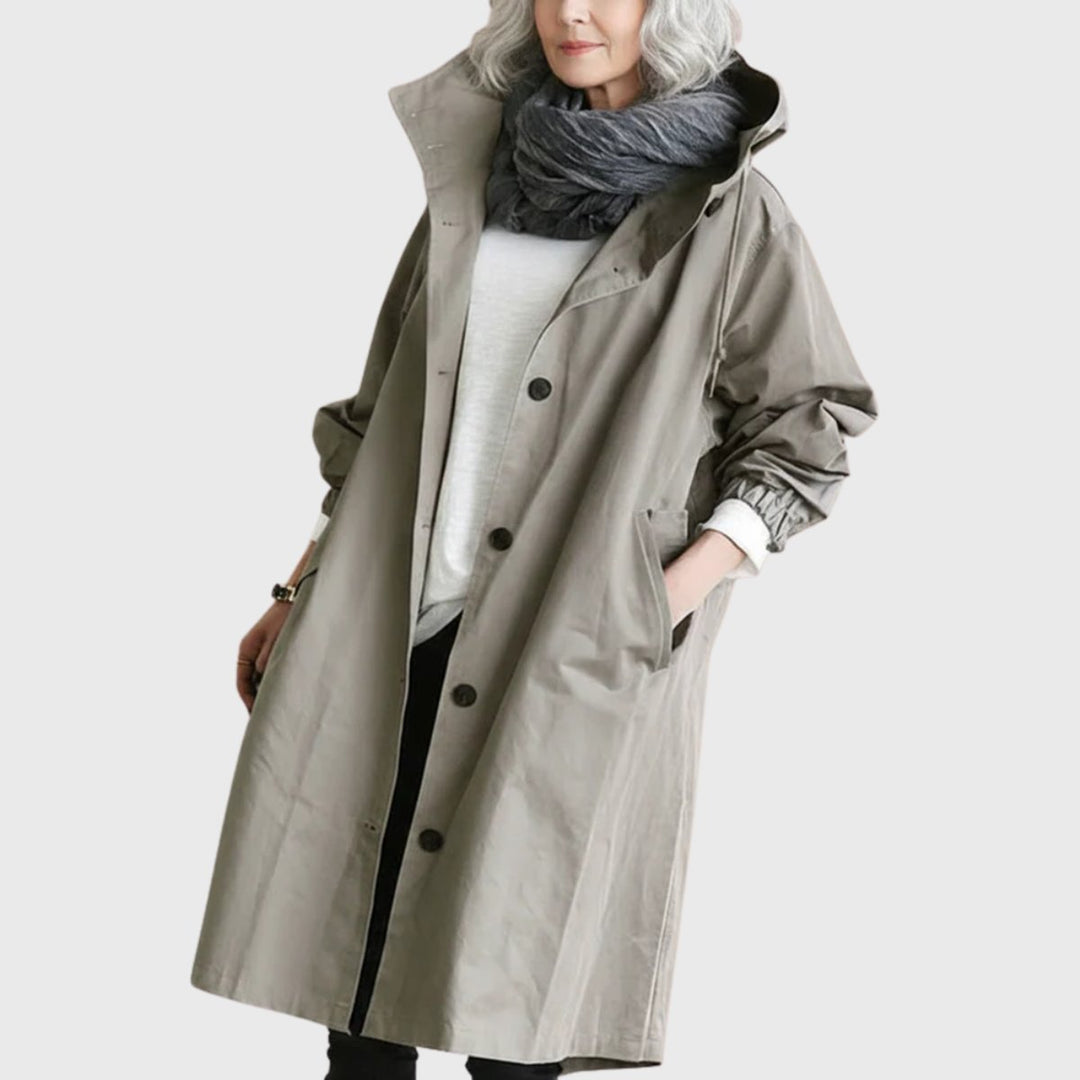 Damski elegancki trenchcoat midi z kapturem w kolorze Szary