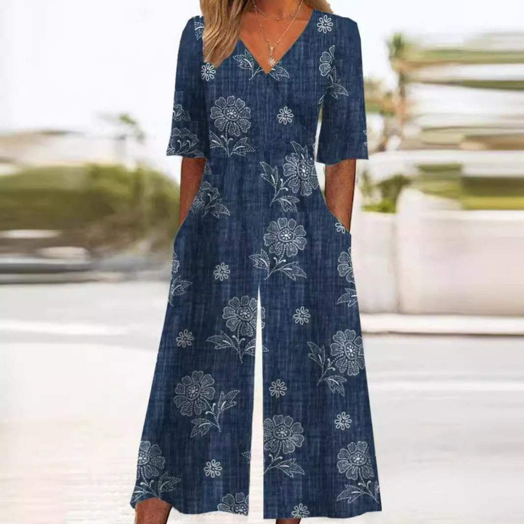 Damski jumpsuit w stylu boho na lato w kolorze Granatowy