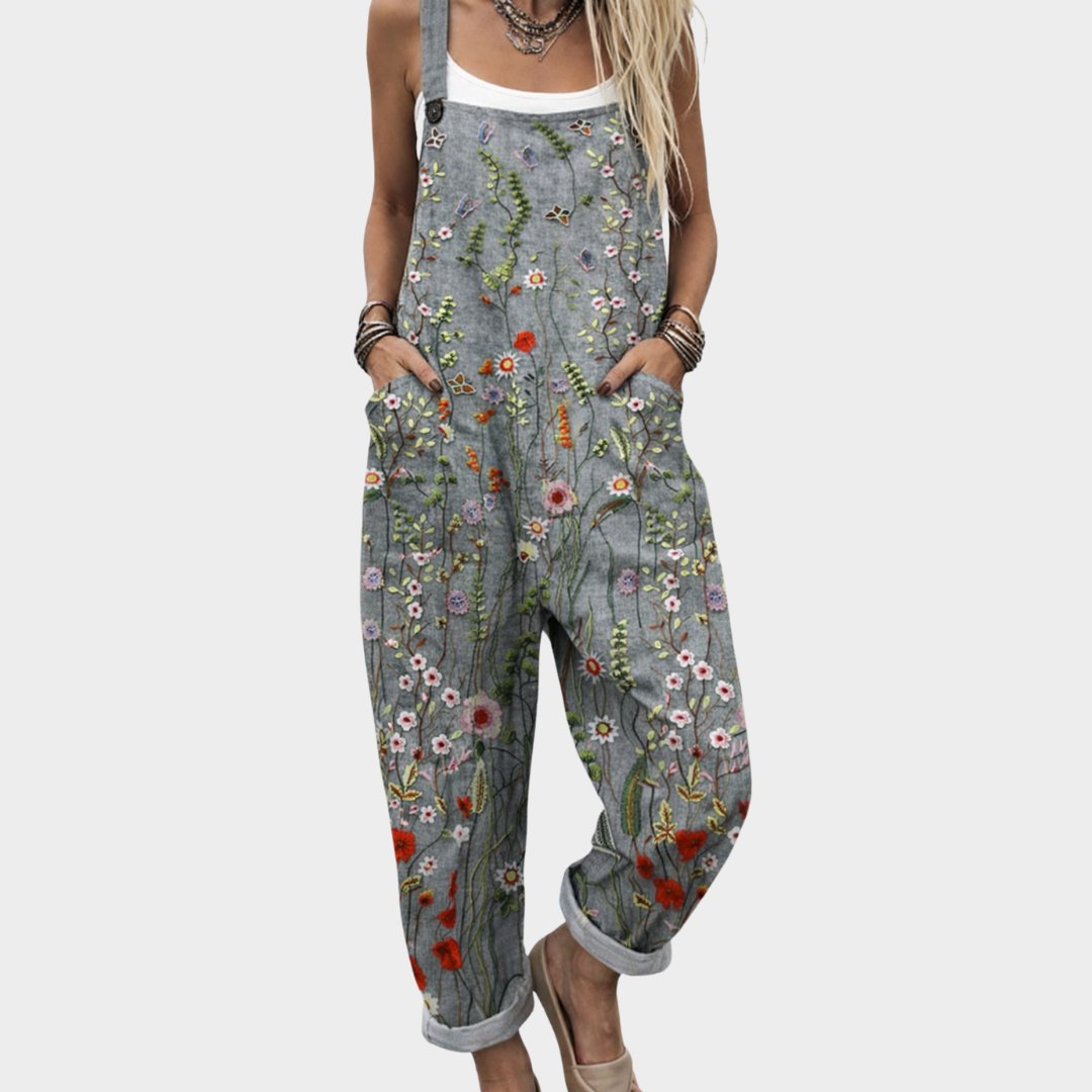 Damski kombinezon lniany maxi w kwiaty w kolorze Grau / Blumen