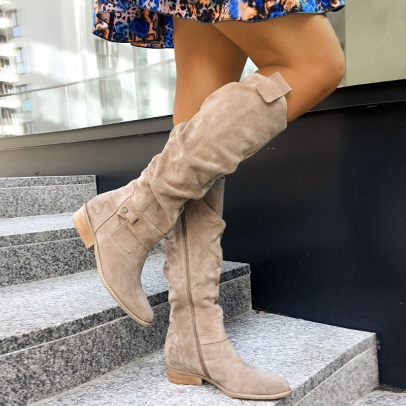 Damskie skórzane buty do kolan w kolorze Beżowy