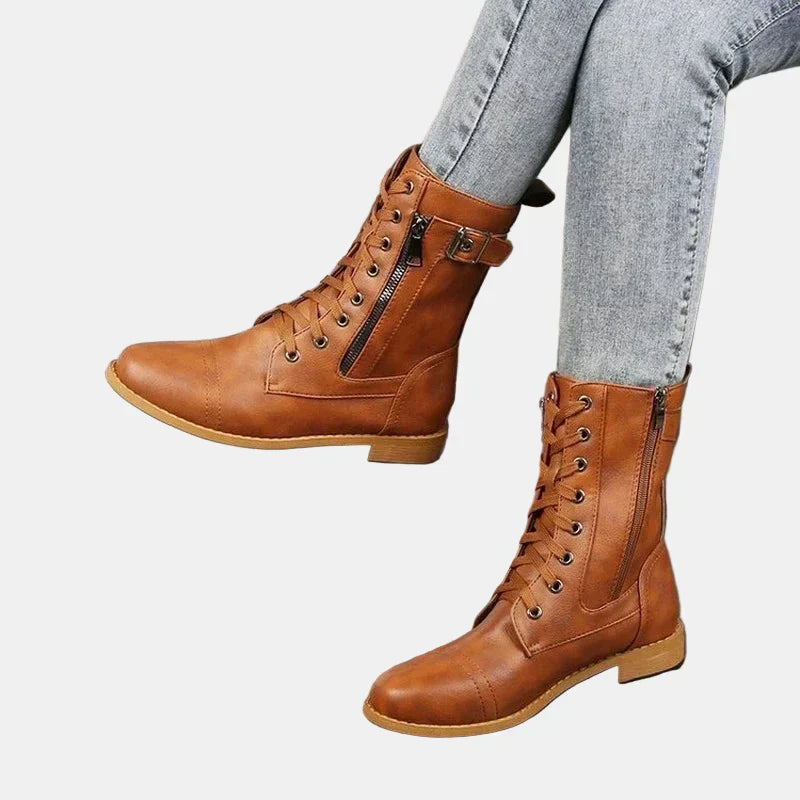 Damskie skórzane buty okrągłe na jesień w kolorze Brązowy