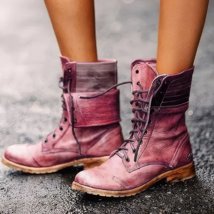 Damskie skórzane buty retro na zimę w kolorze Czerwony