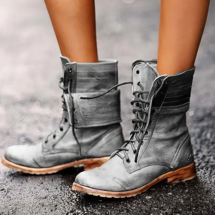 Damskie skórzane buty retro na zimę w kolorze Szary