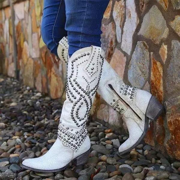 Damskie skórzane buty western na wysokim obcasie w kolorze Biały