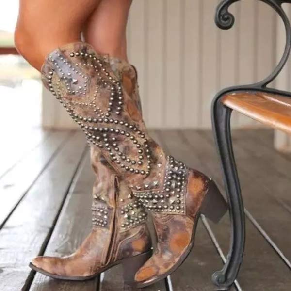 Damskie skórzane buty western na wysokim obcasie w kolorze Brązowy