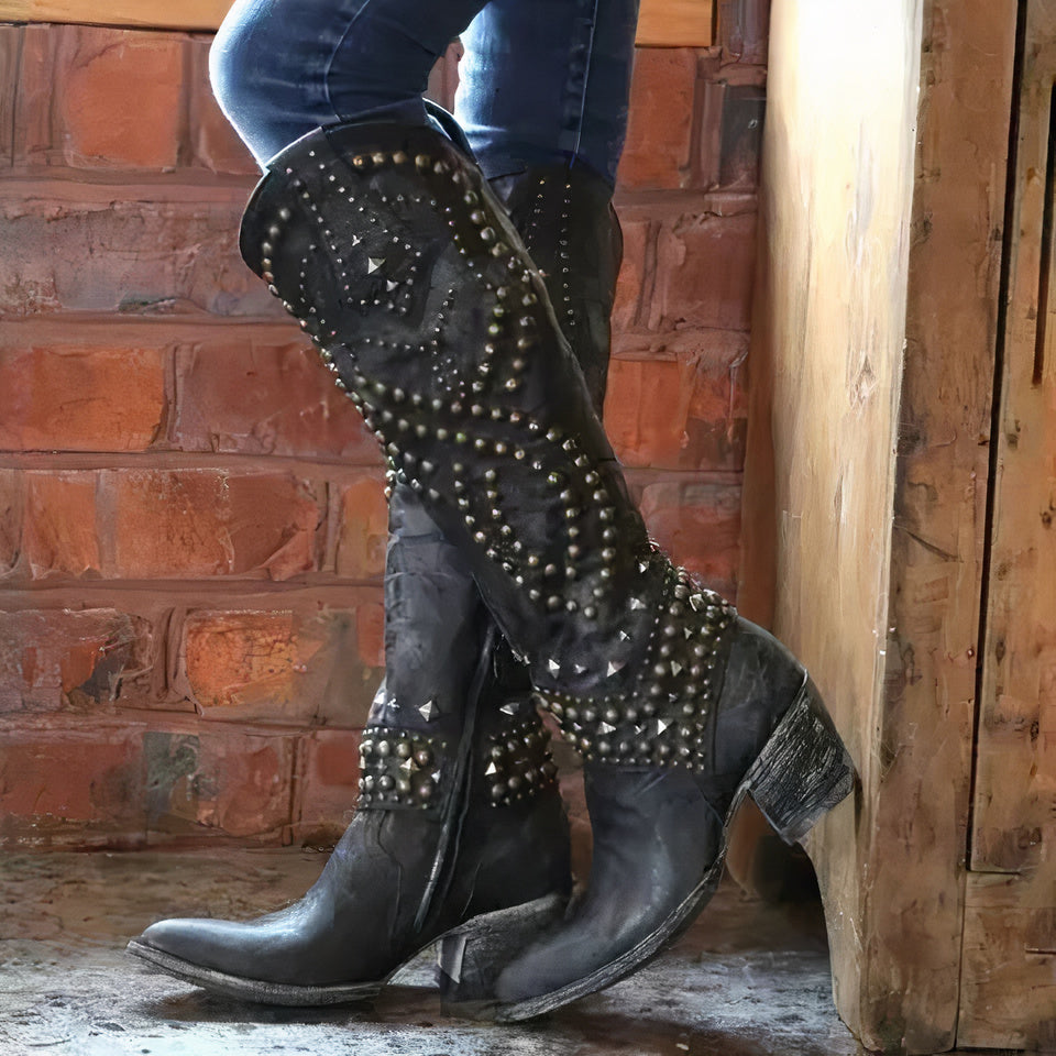 Damskie skórzane buty western na wysokim obcasie w kolorze Czarny