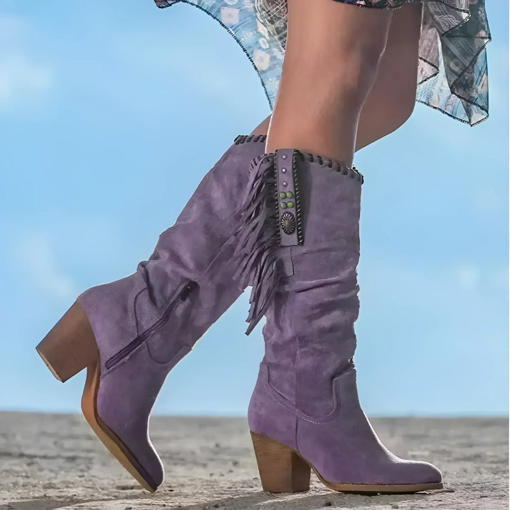 Damskie skórzane kowbojskie buty ze frędzlami w kolorze Fioletowy