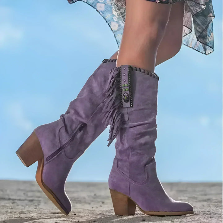 Damskie skórzane kowbojskie buty ze frędzlami w kolorze Fioletowy